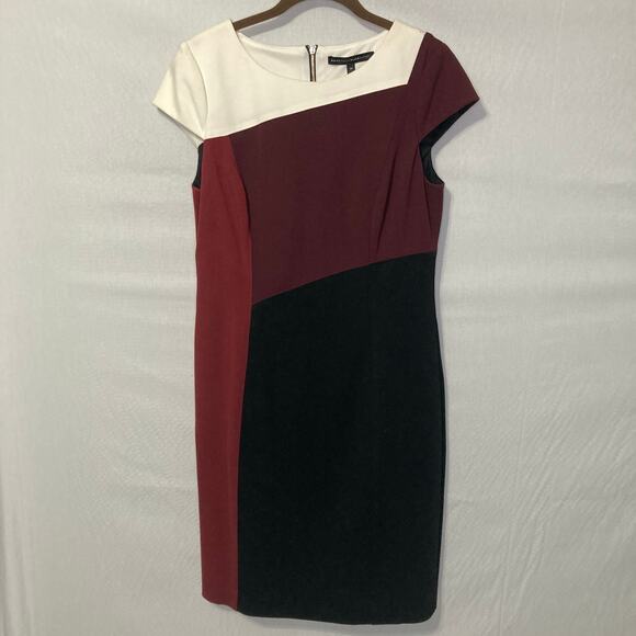 WHBM Size 10 Color-Block Sheath Dress Cream Burgundy Black Cap Sleeve Chic - Picture 2 of 7